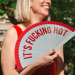 RED "IT'S FUCKING HOT" PAINTED HANDFAN DOUBLE SIDED